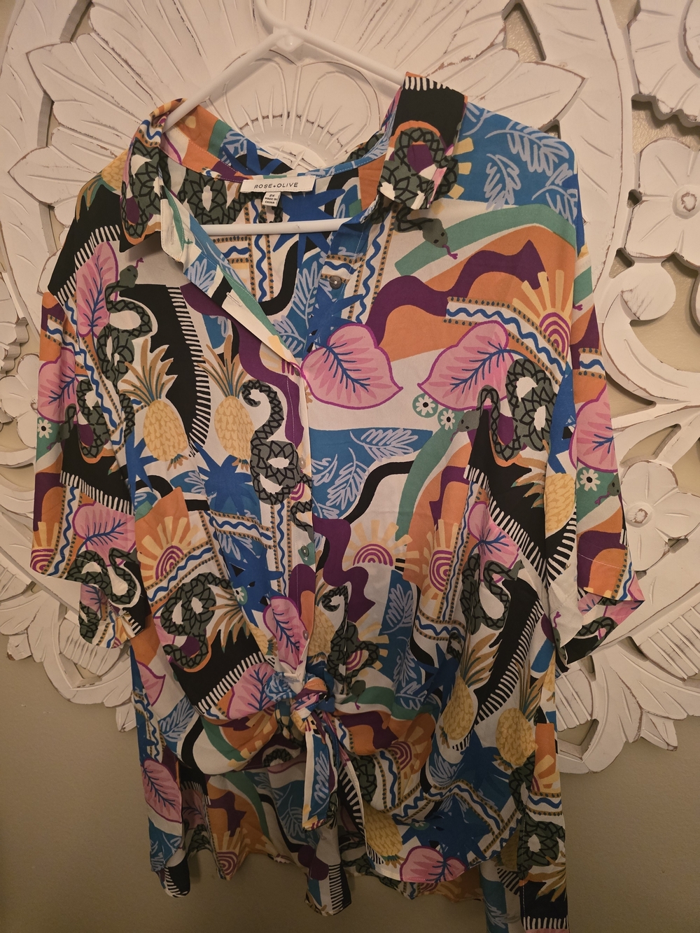 Rose & Olive Tropical Multicolor Tie-Front Button Down Shirt